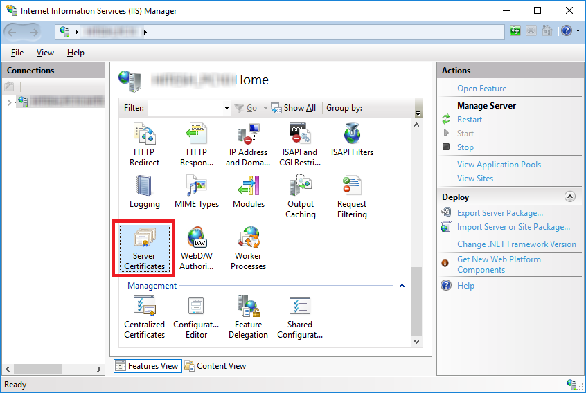 server certificates iis manager